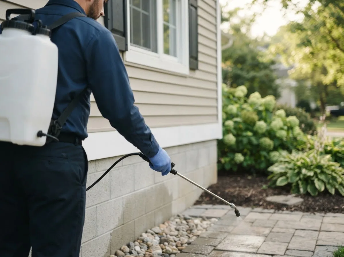 Pest control technician inspecting a home in East Andover, NH